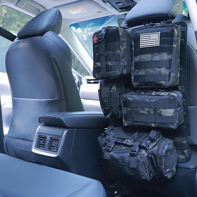 Universal Tactical Car Seat Back Organizer Bag Tactical Molle Vehicle Organizers Panel Vehicle Protector Organizers with 5 Detachable Pouches for Car (Black camo)