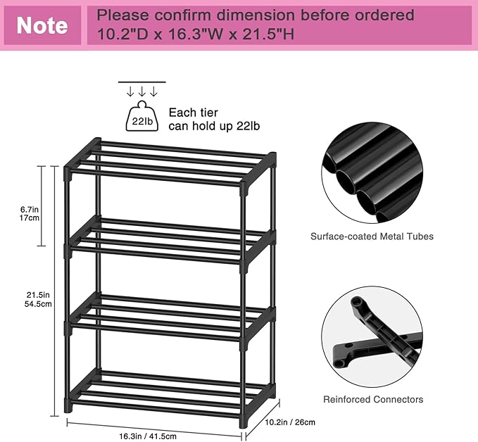 Autonomier 4 Tier Extra Small Shoe Rack (16.3" Wide), Narrow Stackable Shoe Shelf for Kids Toddler Adult, Lightweight Shoe Ra