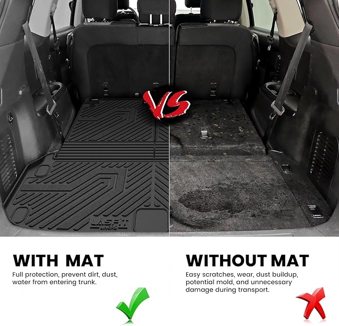 LASFIT Cargo Mat & Backrest Mats for Nissan Pathfinder 2013-2020 / Infiniti QX60 2014-2021 / JX35 2013, All Weather TPE Custom Fit Easy Clean Durable No-Curling Trunk Mat for Pathfinder & QX60 & JX35