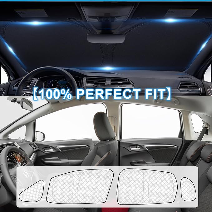 KMF 10pcs Thicken Sun Shades for Honda Fit 2015-2020 Accessories, Windshield Sunshade Full Car Window Covers for Side Rear, UV Block and Protecting Privacy Blackout for Camping