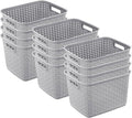 Sterilite 12-Pack Tall Weave Basket, Wicker-Style Plastic Open Storage Bin, Cement Gray - Multi-Purpose Decorative Organizer 