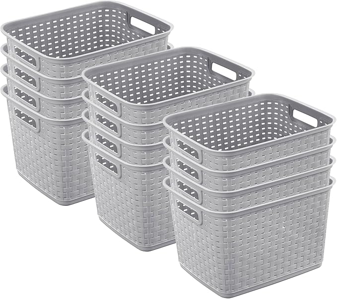 Sterilite 12-Pack Tall Weave Basket, Wicker-Style Plastic Open Storage Bin, Cement Gray - Multi-Purpose Decorative Organizer 