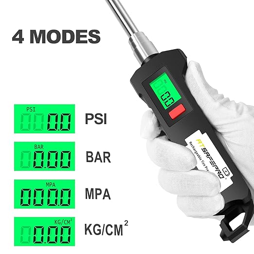 ATsafepro Chrome Plated Steel Dual Head Tire Inflator - 150 PSI, Backlight LCD & Flashlight, Rechargeable for Semi, Truck, RV & Cars
