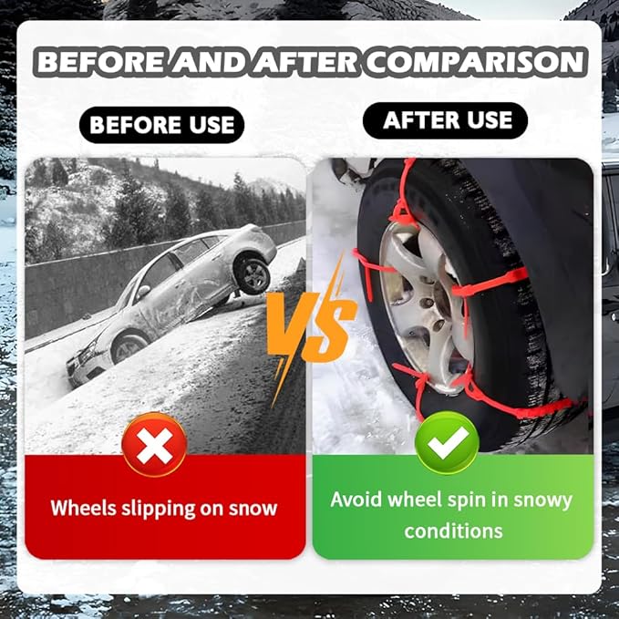 10PCS Snow Chains for Car Tires,Adjustable & Strong Grip Tire Chains for Trucks with Serrated Non-Slip Design,Reusable Tire S