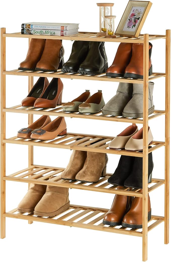 6-Tier Bamboo Shoe Rack for Entryway, Stackable | Heavy Duty | Multi-Function, Free Standing Shoe Racks for Bedroom Hallway C
