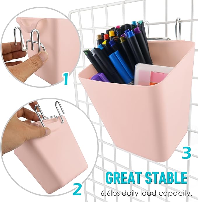 G.CORE Large Grid Wall Bins - 6Pack Pink Gridwall Accessories Hanging Cups with Back Hooks - Plastic Grid Wall Panels Organiz