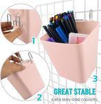 G.CORE Large Grid Wall Bins - 6Pack Pink Gridwall Accessories Hanging Cups with Back Hooks - Plastic Grid Wall Panels Organiz