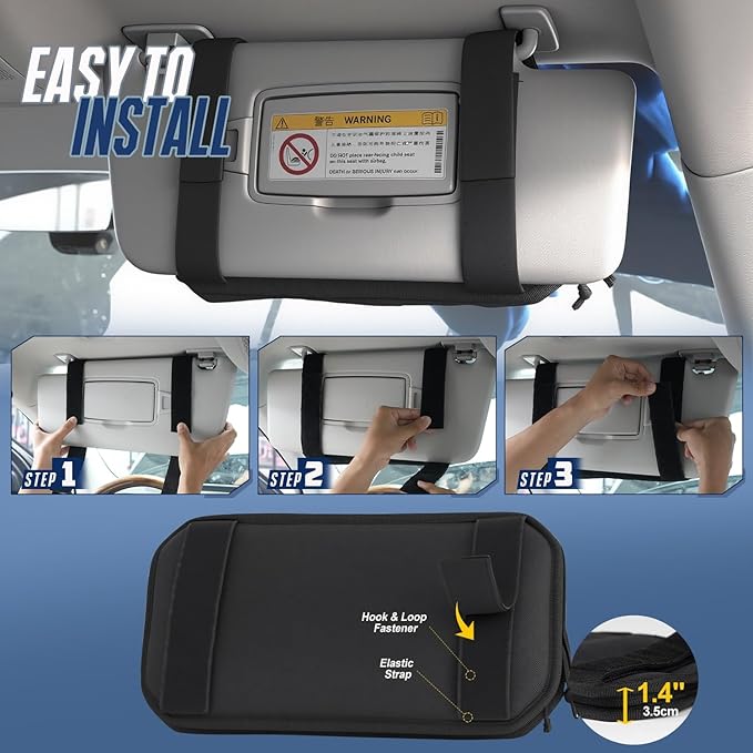 Car Sun Visor Organizer, Multi-Pocket Visor Organizer Storage Pouch with Zippers, Elastic Bands & Glasses Clip, Car Visor Accessories