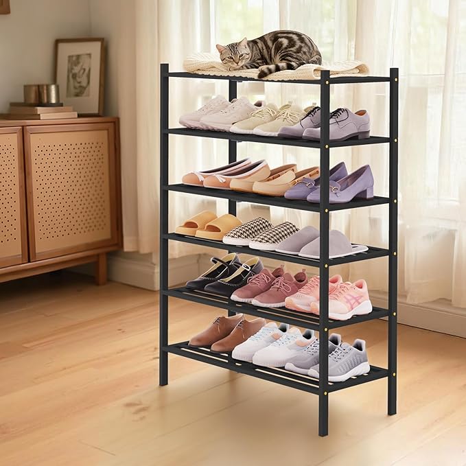 Smiry Bamboo Shoe Rack 6-Tier, Stackable Wooden Shoe Organizer for Entryway & Closet, Free Standing Wood Shoe Storage Shelf f