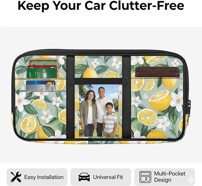 Lemon Car Sun Visor Storage Bag,Scratch-Resistant Car Essentials Tool Pack Car Visor Organizer with Zipper Fits Most Vehicles, SUVs, Trucks