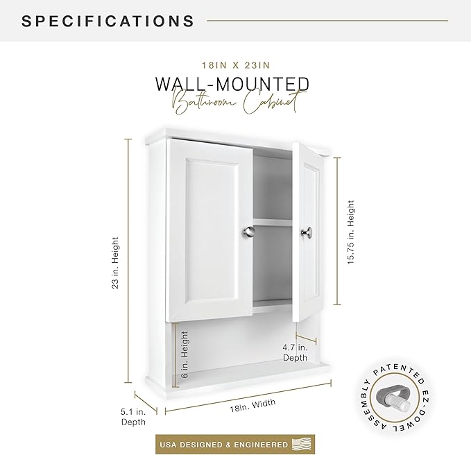 MCS 23x18 White Medicine Cabinet Organizer, Wall Mounted 2-Door Bathroom Cabinet for Over-The-Toilet Storage, Bathroom Furnit