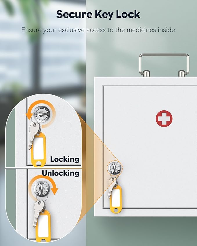 Uniclife Wall Mount Medicine Cabinet with Key Lock & Handle Locking First Aid Cabinet Lockable Medical Cabinet Medium Medicin