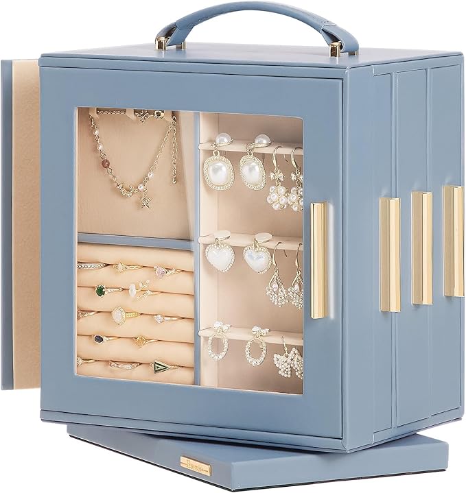 Homde Jewelry Box 360° Rotating, Necklace Earring Organizer with Transparent Window, Mirror, 7 Drawers, Large Ring Display St