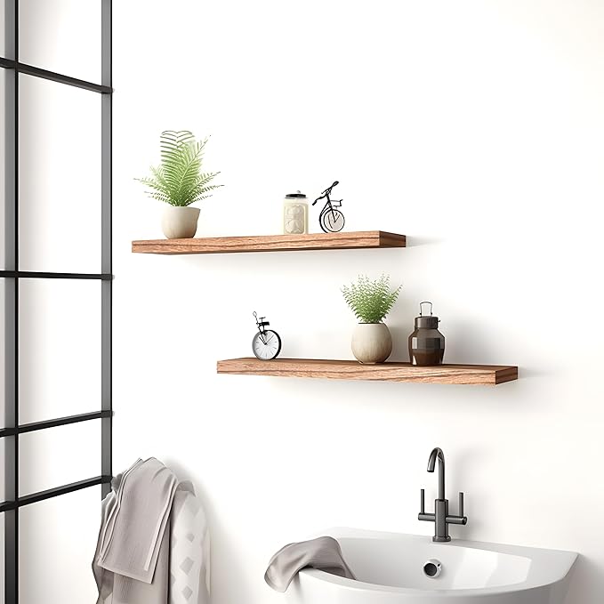 PHPH 24 Inch Wood Floating Shelves for Wall, Wooden Wall Shelves for Bedroom, Set of 4 Light Brown