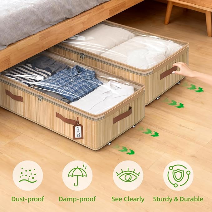 Livole 3 Pack Bamboo Under Bed Storage with Wheels, 6 inches Underbed Storage Containers, 56L XXL Rolling Under Bed Storage B