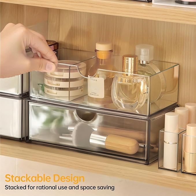 PAVSTINE Medicine Cabinet Organizer 2 Pack, Stackable Storage Drawers with Removable Divider, Make Up Organizer for Bathroom 