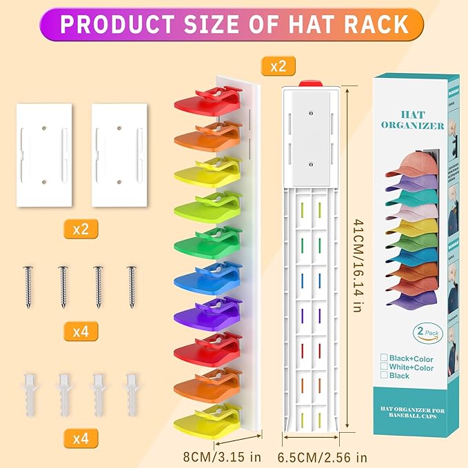 Volnamal Hat Organizer for Baseball Caps, 2 Pack Hold Up to 40 Hats, Hat Rack for Wall Space Saving, Hat Hanger w/Strong Adhe