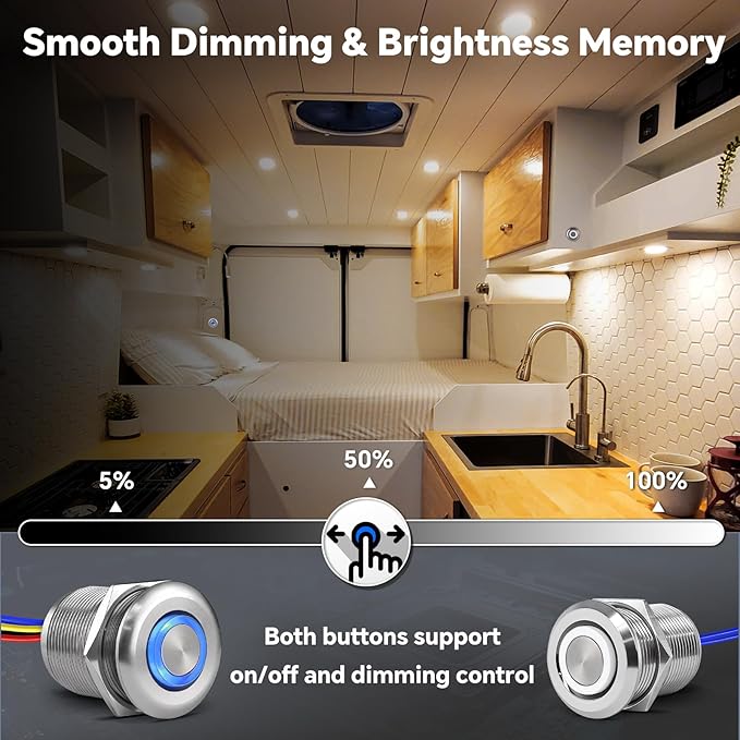 Acegoo RV 3 Way Dimmer Kit DC12V All-Aluminum 3-Way Dimming Switch for Boat Motorhome Camper Van Trailer Truck Car LED Strip Light, Multi Location On/Off/Dimming Switch, DC12-24V 6Amps (Sliver)