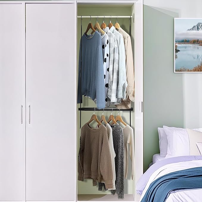 STORAGE MANIAC Hanging Closet Rod, Adjustable Width and Height Closet Hanging Organizer, Space-Saving Clothes Hanging Bar, Cl
