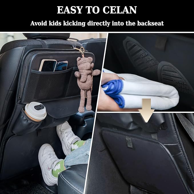 Coverado Backseat Car Organizer 2 Packs, Nappa Leather Car Seat Organizer with Touch Screen Tablet Holder, Foldable Food Tray, Kick Mats Protector, Multi Car Storage Accessories, Garbage Bag Holder