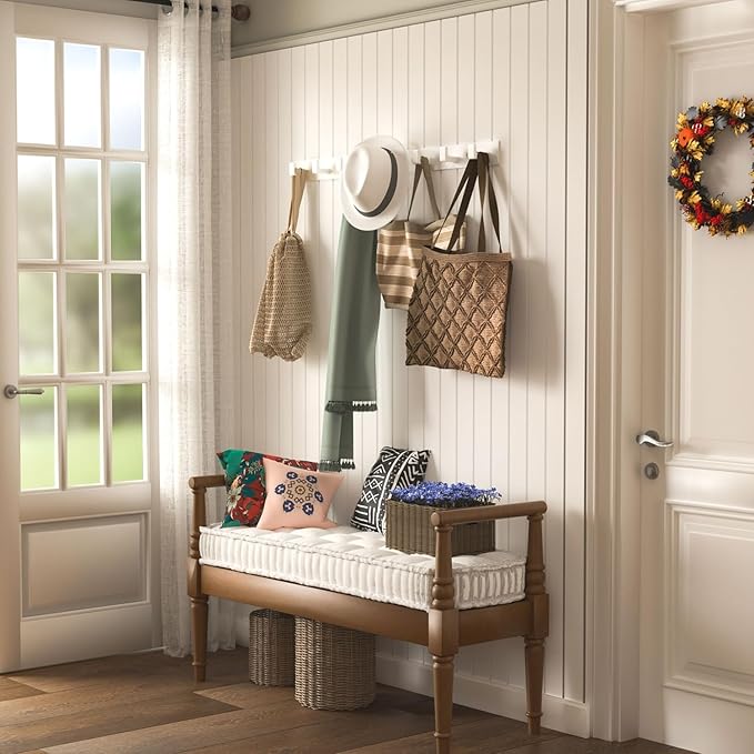 GWAAZXGZ White Wall Mounted Coat Rack - 2 Modular Rails (25'' Total), 8 Right-Angle Hooks, Modern Organizer for Entryway, Bat