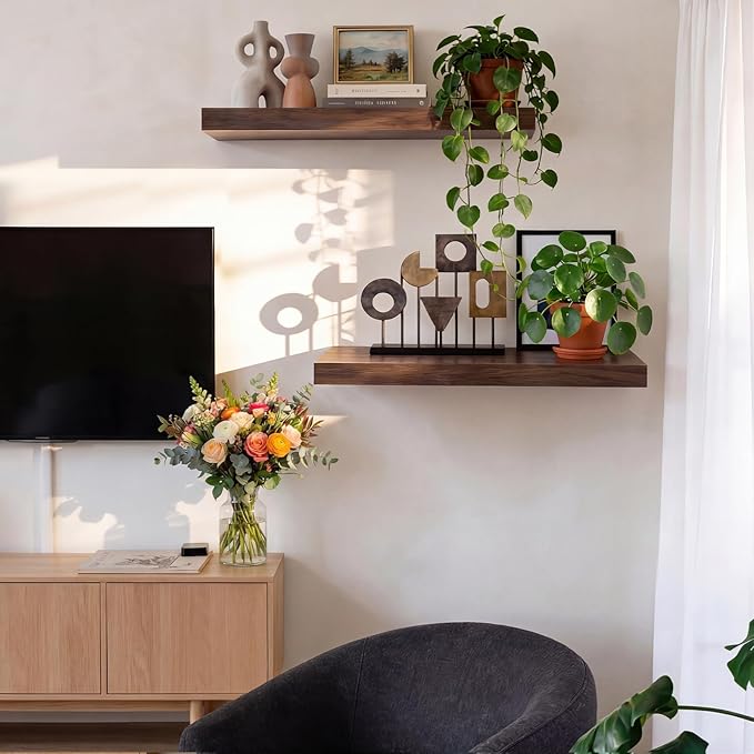 INHABIT UNION Walnut Floating Shelves for Wall, 24 in Wall Mounted Shelves Perfect for Bedroom, Bathroom, Living Room and Kit
