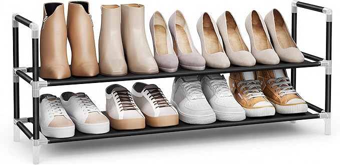 SONGMICS 2-Tier Shoe Rack, Shoe Storage for Hallway Closet, Slim and Space-Saving, Metal Frame, Non-Woven Fabric Shelves, Bla