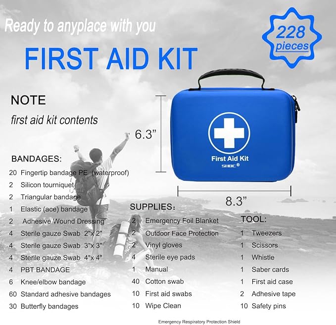 SHBC Waterproof First Aid Kit (228pcs) with All Basic or Advanced Supplies You Need. Suitable for Emergencies at Home or Outs