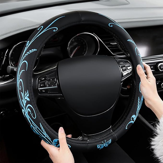 Car Leather Steering Wheel Cover - Panapi Material, Universal 14.5-15 Inch Leather Anti-Slip Breathable Auto Steering Wheel C