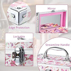 Hododou Girls Jewelry Box Organizer with Drawer & Mirror, Shiny Pink Style Lockable Storage Case for Kid or Little Girls Jewe