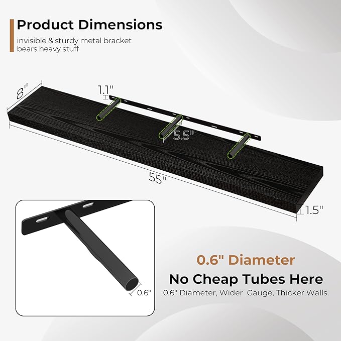 Fun Memories 55 Inch Floating Shelves for Wall, Fireplace Mantel Shelf with Invisible Heavy Duty Bracket, 8 Inch Deep Storage