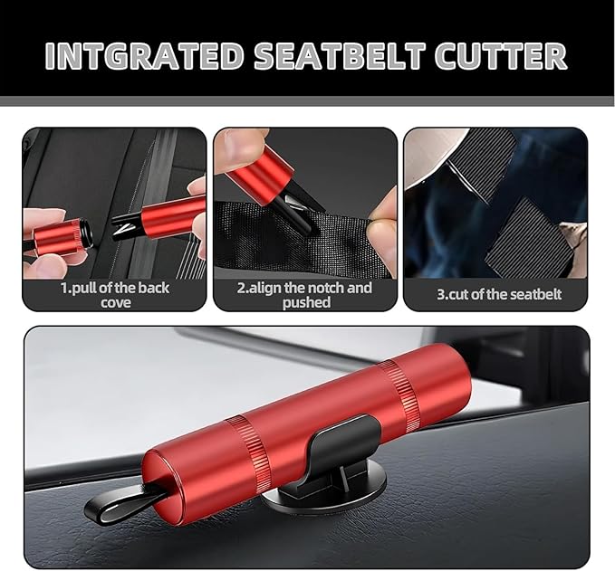 2 Pack Emergency Escape Tool, 2-in-1 Seatbelt Cutter & Window Breaker Hammer with Base, Glass Test Sheet & Whistles - Aluminu
