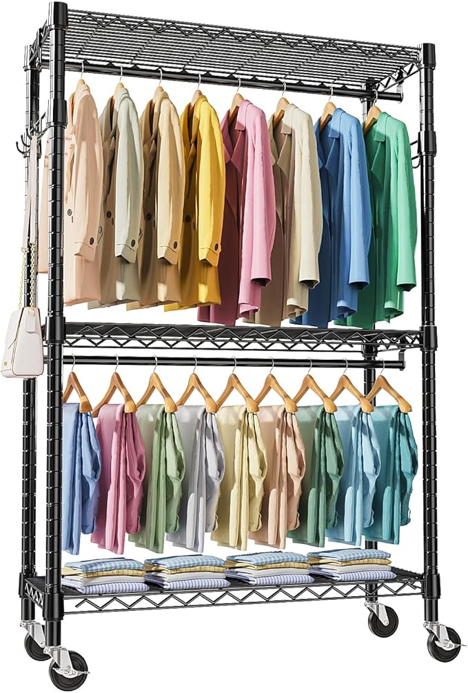 M MZG Heavy Duty Rolling Garment Rack 3 Tiers Adjustable Wire Shelving Clothes Rack with 2 Rods and Side Hooks, Storage Close