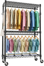 M MZG Heavy Duty Rolling Garment Rack 3 Tiers Adjustable Wire Shelving Clothes Rack with 2 Rods and Side Hooks, Storage Close