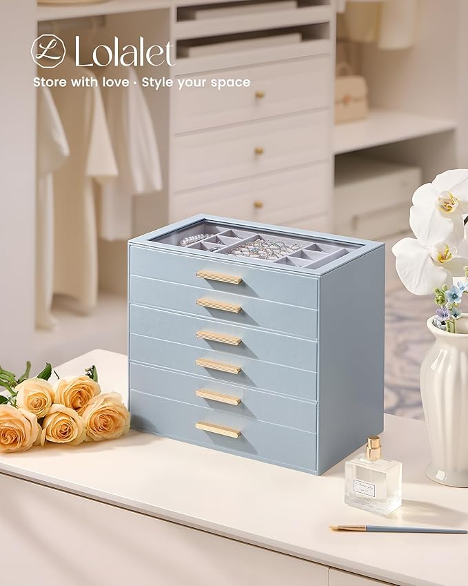 Lolalet Jewelry Box Organizer, 6-Layer Jewelry Organizers and Storage Case with Glass Lid, Ring Earring Bracelet Necklace Hol