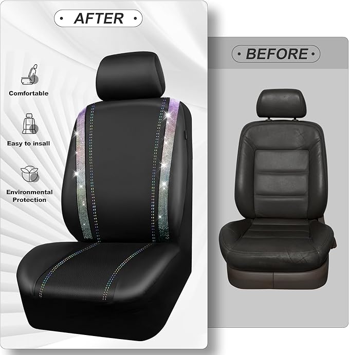 CAR PASS Bling Diamond Car Seat Covers Full Set, Shining Rhinestone Waterproof Faux Leather, Rear with Zipper, Universal Fit Automotive Glitter Crystal Sparkle Strips for Cute Women Girl,Muticolor