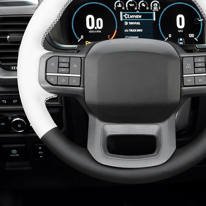 MEWANT Hand Stitch Black White Artificial Leather Steering Wheel Cover for Ford F150 Lightning F350 2024 Expedition