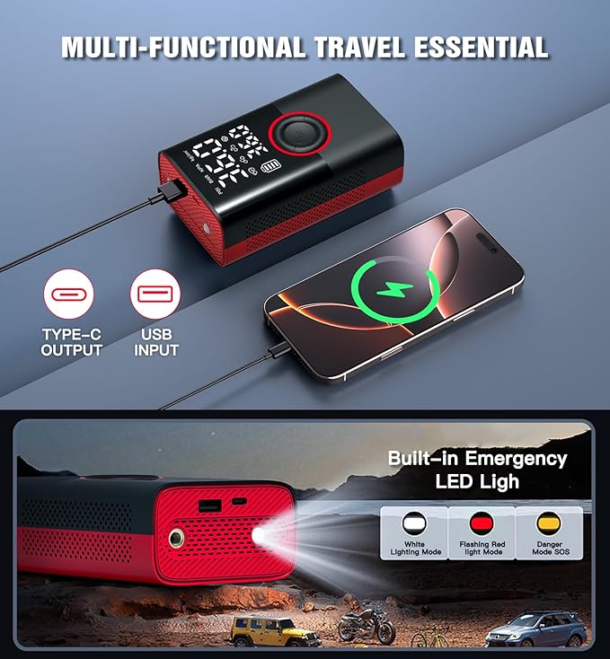Tire Inflator Portable Air Compressor Portable Cordless Mini Air Pump with Digital Pressure Gauge Inflater 150PSI Fast Inflation and Auto Shutoff Function Tires Pump for Cars Motorcycles Bikes (Red）