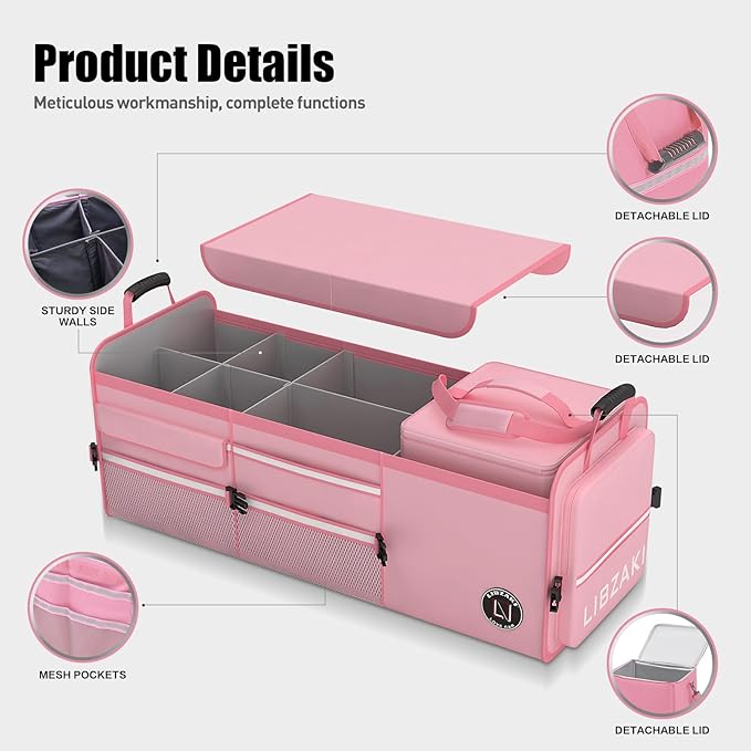 LIBZAKI Oversize 4 in 1 Car Trunk Storage Organizer, Multi Compartment Collapsible Trunk Storage Box with Cooler Bag for Car