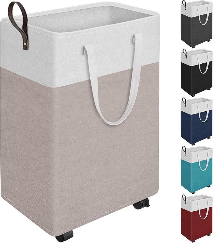 HomeHacks Laundry Basket with Wheels, Rolling Laundry Hamper, Collapsible & Waterproof Clothes Hamper, Narrow Corner Bins wit