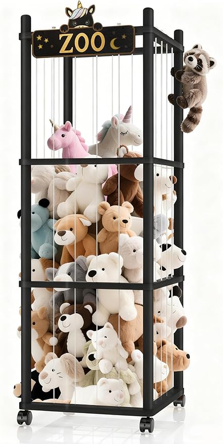 Stuffed Animal Storage Zoo Tower,56In Wooden Large Stuffed Animal Holder Organizer with Wheels,Stuffy Plushies Storage with E