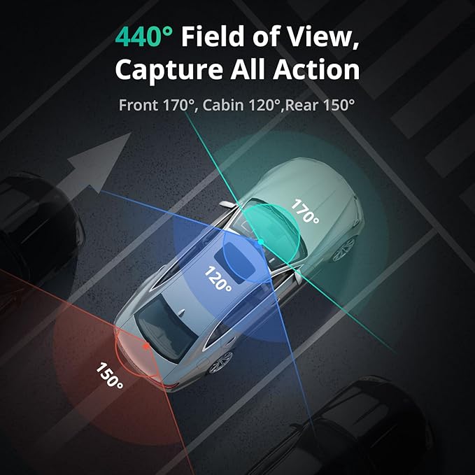 BOTSLAB 4K 3 Channel Dash Cam Front and Rear/Inside, 360°Dash Camera with 3.18" Touch Screen, Night Vision Dashcam, Voice Con