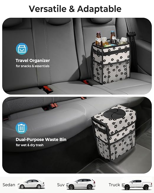 Corduroy Car Trash Can with Lid and Mesh Pockets - Leakproof Organizer,Multipurpose Waterproof Garbage Can/Trash Bin for Car(Black Floral-3 Gallons)