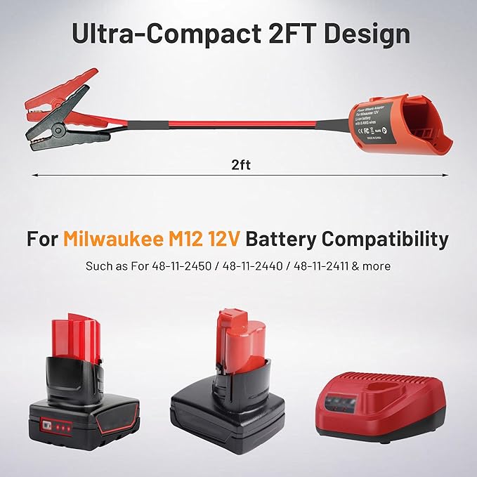Jumper Cables Adapter for Milwaukee M12 12V Battery, 2FT 8AWG Portable Car Jump Starter Booster Cables, Automotive Emergency Power Tool for Car Truck SUV Jump Starting Using Tool (2FT 8AWG)