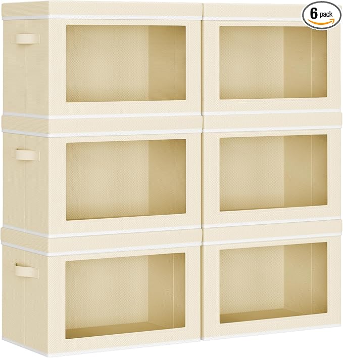 Homsorout Large Storage Baskets with Lids - Stackable Cube Bins for Closet, 6 Pack Beige Windows Organizer Bins, Home Organiz