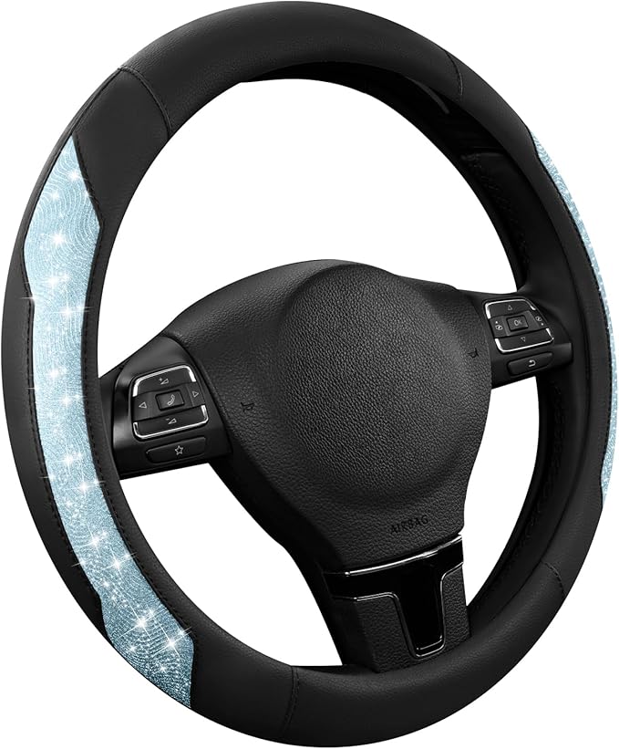 PIC AUTO Steering Wheel Cover, Light Blue Sparkly Crystal Bling Glitter with Leather, Universal Fit 14.5"-15.5" Steering Whee