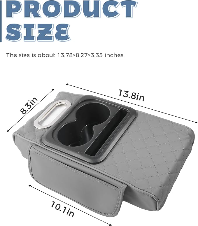 Car Armrest Storage Box,Car Accessories Console Organizers and Storage,Universal Waterproof Leather Console Cover with Cup Holder and Phone Holder,Suitable for Most Cars (Embroidered, Gray)