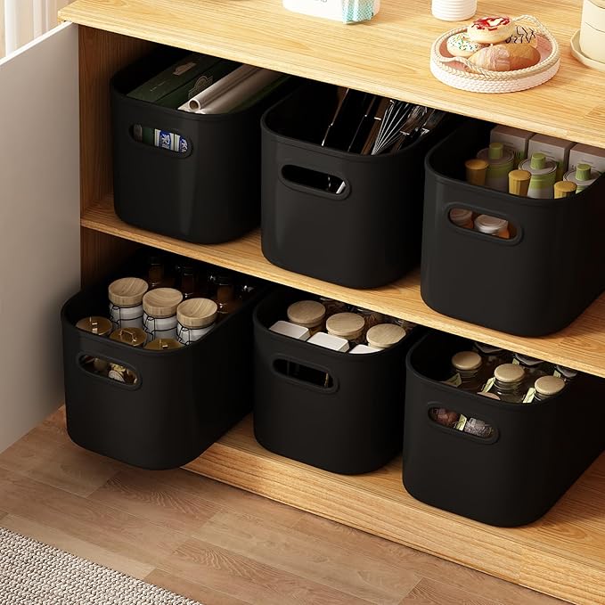 ORGIDOL 6 Pack Black Storage Bins with Lids Stackable Storage Container for Organizing, Black Storage Boxes with Handle for S