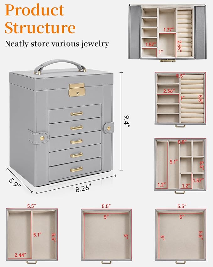 TORIBIO Large Jewelry Box for Women, Leather Jewelry Organizer with Mirror & Lock, 6-Tier Jewelry Storage Case for Girls/Wome