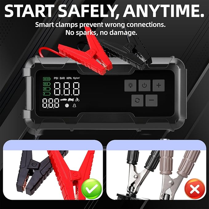 Tire Inflator Portable Air Compressor & Car Jump Starter - 150 PSI Cordless Air Pump Battery Jumper Starter with Pressure Gauge & LED Light for Car Tires, Motorcycle, Bicycle, Balls